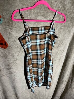 No Boundaries Brown and Light Blue Plaid Mini Dress